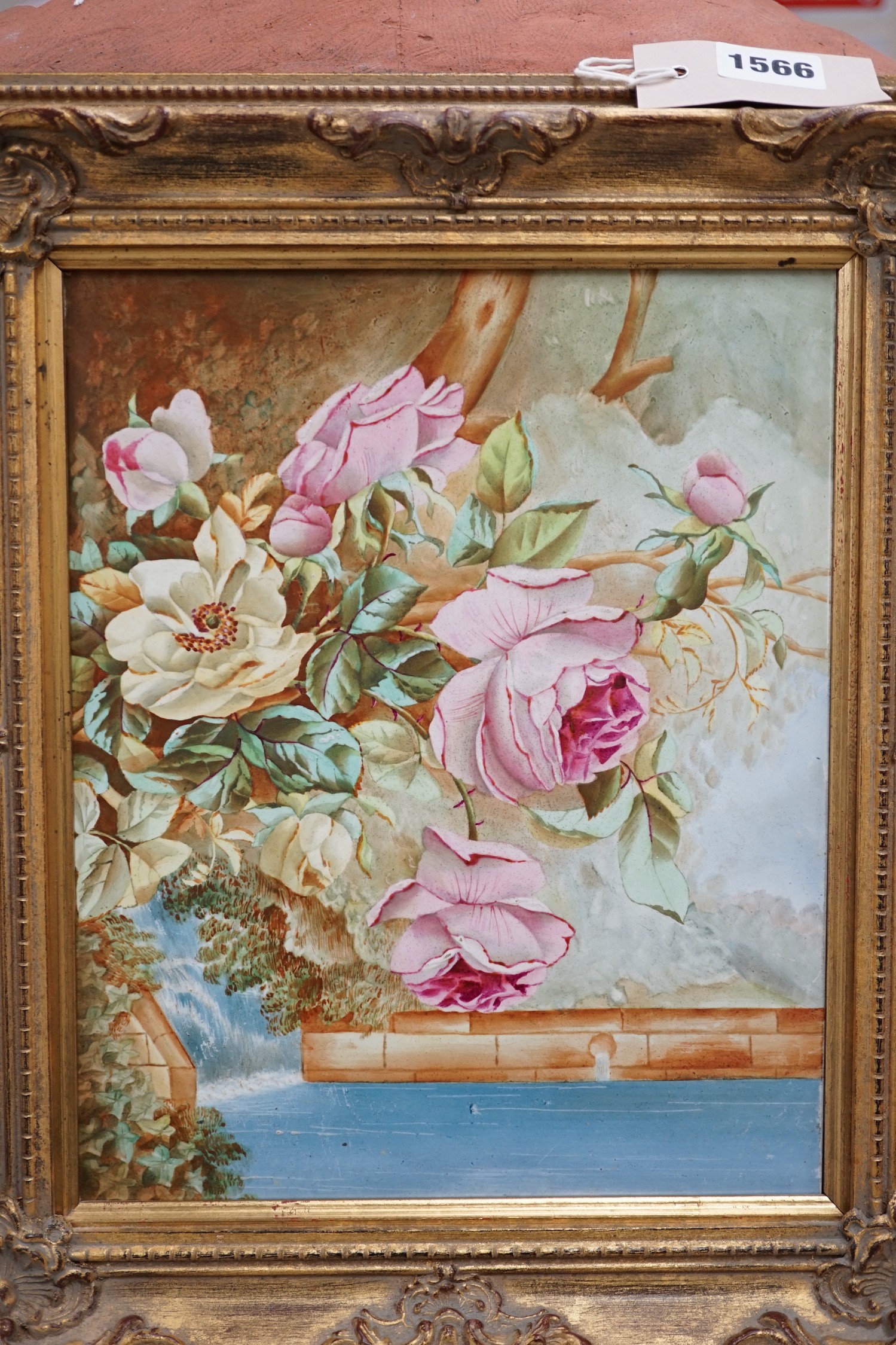 A framed still life plaque, 23cms wide x 28cms high